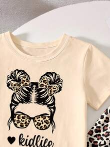 Conjunto de camiseta corta básica y leggings de estilo casual y cómodo para uso diario en primavera, verano y otoño, con diseño de niña con moño, estampado de leopardo, gafas de sol con forma de corazón y eslogan gráfico, adecuado para niñas - Multicolor - Ver 9