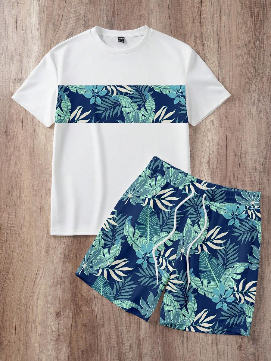 Manfinity Joysei Men's Casual Tropical Print T-Shirt Set, Suitable For Summer Outings, Vacations, And Gatherings - Green - View 1