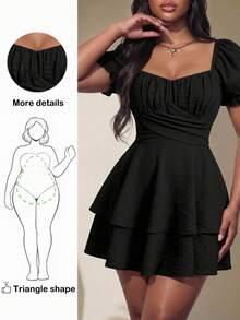 Truni Elyhuante_03 Plus Size Short Puff Sleeve Dress With Bow Tie Back, Summer,Graduation Dress, For Pear Triangle Body Shape - Black - View 1