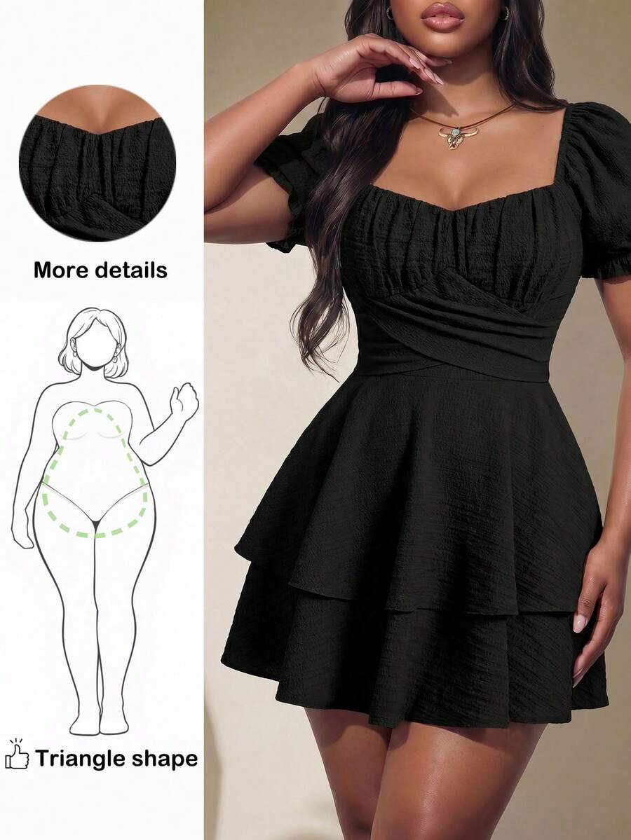 Truni Elyhuante_03 Plus Size Short Puff Sleeve Dress With Bow Tie Back, Summer,Graduation Dress, For Pear Triangle Body Shape - Black - View 1