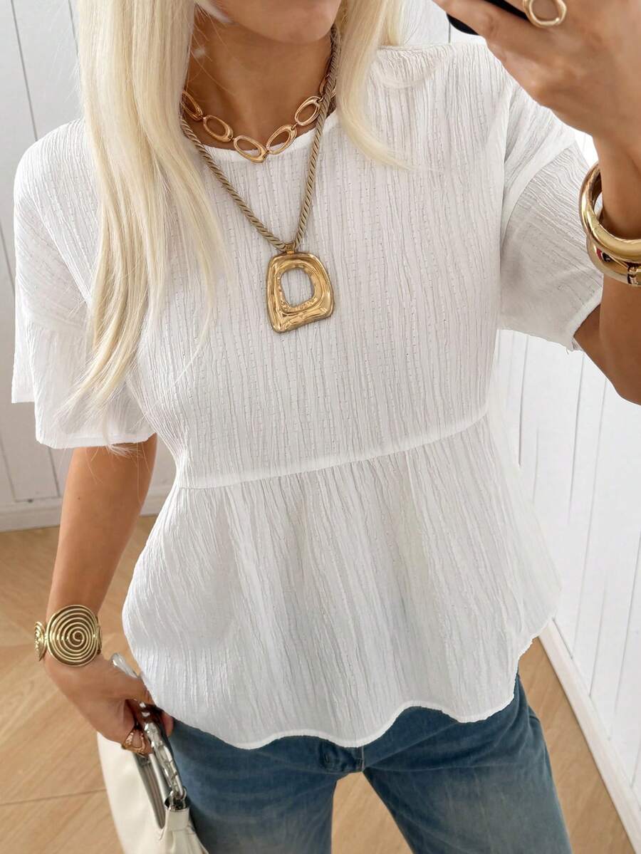 SHEIN EZwear 女士纯色简约短袖针织衫,休闲日常穿着 - 白色 - 查看 1