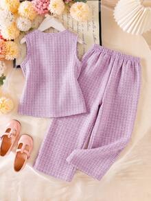 Elladie kids 2pcs/Set Young Girls Purple Suit Jacket, Vest And Straight Pants, Summer Outfit - Purple - View 2