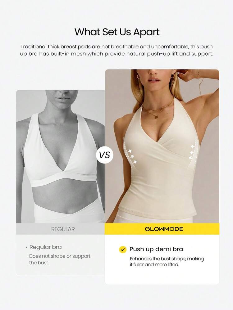 FeatherFit™ Breathable Lightweight Waist Length Side Mesh Push Up Crossover Halter Tank With Removable Anti-Slip Cups Yoga Studio Pilates Daily Wear Top