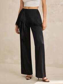 SHEIN Tall 2026 Nuevos Pantalones Anchos de Verano para Mujer con Encaje Minimalista, Parche y Volante en el Bajo, Versátiles y Cómodos para el Día a Día - Negro - Ver 3
