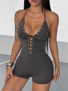StreetHx Women's Casual Halter Deep V Keyhole Tie Front Jumpsuit In Black - Dark Grey - View 5