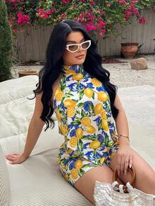 SHEIN SXY 波西米亞度假印花掛脖上衣 - 黃色 - 查看 3