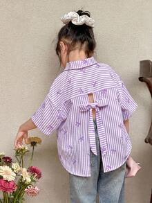 Young Girl Casual Comfortable Striped Collar Open Front Loose Short Sleeve Hollow Back Woven Shirt - Purple - View 7