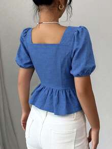 Elenzga Women's Aqua Blue Summer Elegant Tea Party Vacation Square Neck Textured Open Front Petal Sleeve Ruffle Hem Casual Blouse,Versatile For Work,Date - Blue - View 2