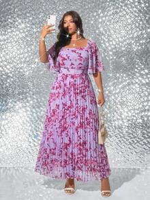 Viva Relle Plus Size Elegant Romantic Floral Print Long Pleated Dress - Purple - View 4