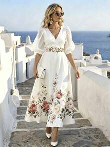 SHEIN Robe élégante et romantique à col V imprimée avec taille cintrée et coupe évasée, convient pour la plage, les vacances, les déplacements, les voyages et les sorties - Blanc - Voir 6