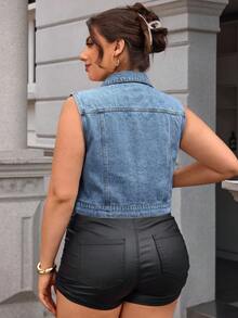 SHEIN Essnce Plus Size Women Casual Single-Breasted Denim Vest Jacket - Light Wash - View 2
