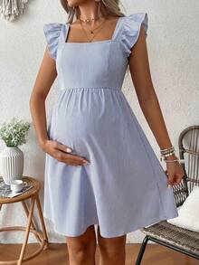 SHEIN Vestido casual de maternidad con cuello cuadrado, estampado de rayas y volantes en el bajo - Azul - Ver 5