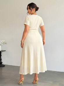 Firerie 大码女士针织纹理A字型露背长袖修身连衣裙，纯色提花网纱性感鸡尾酒会礼服，优雅OL风，适合秋季、返校季、假期、新年、派对等场合 - 杏色 - 查看 3