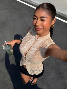 Muchica Beige Lace Top Blouse For Women Vacation Summer Elegant - Apricot - View 4