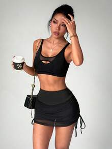 Easithlete Easithlete 女款時尚休閒運動優雅外層網紗設計，側面抽繩抓皺高腰緊身，內含超短褲，單側口袋瑜伽裙褲 - 黑色 - 查看 8