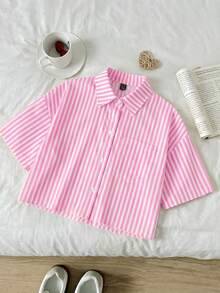 SHEIN 少女休闲日常时尚黄黑条纹宽松短袖衬衫 - 粉色 - 查看 4