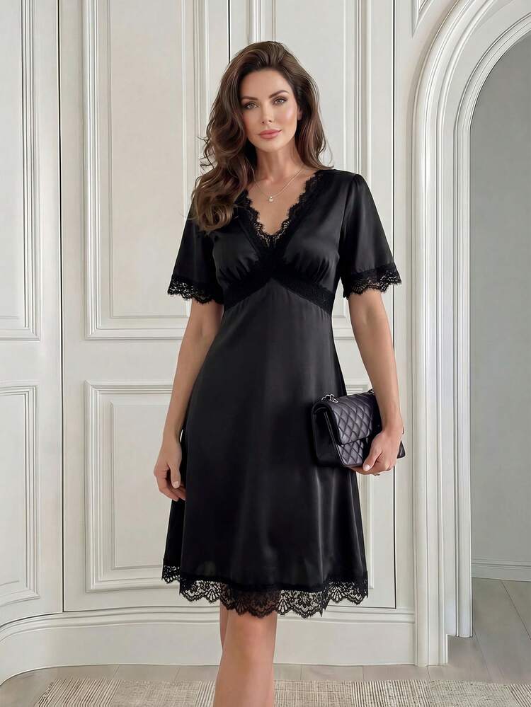 Black Satin Patchwork Mother's Day Gift Elegant Party Short Dress