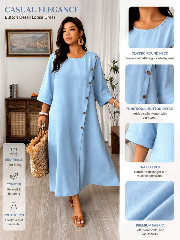 Weeklong Plus Size Women Casual Round Neck Long Sleeve Wood Button Decor Loose Dress, Suitable For Outing, Sightseeing, Daily, Vacation