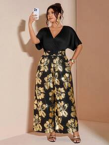 Cravure Plus Size Off-Shoulder Fitted Top With Foil Splicing & Wide Leg Pants Jumpsuit - Black - View 5