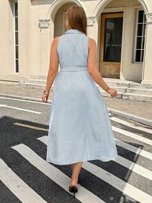 Easura Vestido elegante de mujer talla grande sin mangas con botones, cintura ceñida, cinturón desmontable y estampado de rayas - Blanco y Negro - Ver 2
