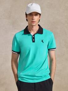 Courvante 男士單排扣休閒短袖 Polo 正裝襯衫，夏季棉質，適合網球與高爾夫，男友款 - 綠色 - 查看 4