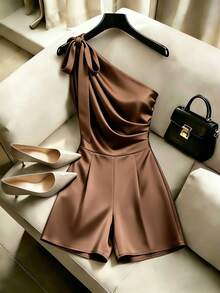 Franclia Women's New Satin Wrap Waist Wide Leg Jumpsuit, Suitable For Daily Commute And Date Outfits - Mocha Brown - View 1