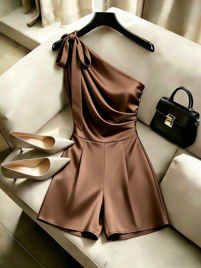 Franclia Women's New Satin Wrap Waist Wide Leg Jumpsuit, Suitable For Daily Commute And Date Outfits