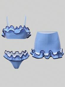 Swim Oasis 26SS Spring/Summer Striped Ruffle Elegant 3 Pieces Set: Skirt & Swimwear - Multicolor - View 7
