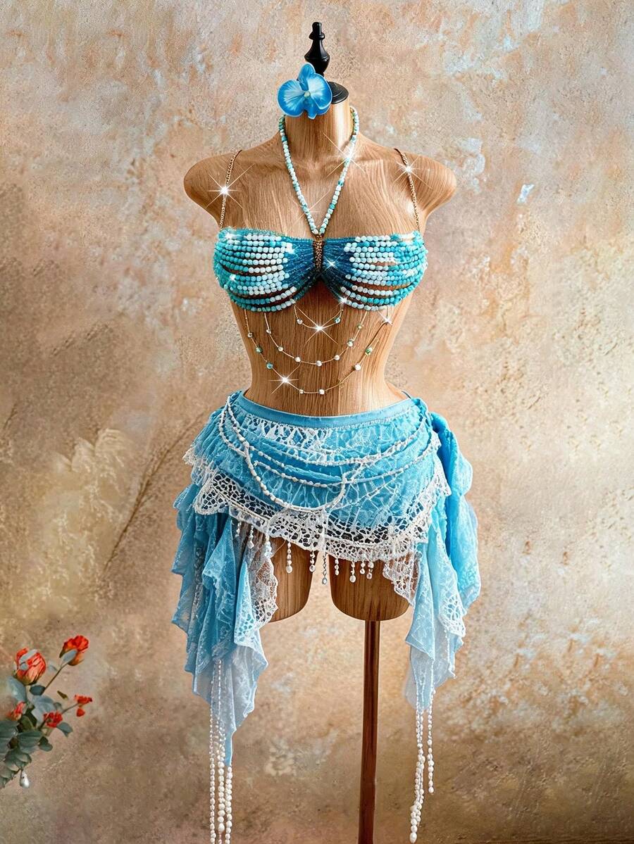 Mistrie 女士性感水晶串珠吊带背心，女士海岛海滩度假吊带背心 - 藍色 - 查看 1