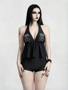 ROMWE Goth Đồ bơi Tankini đen đính đá hoa cho kỳ nghỉ bãi biển Xuân/Hè 26SS - màu đen - Xem 4