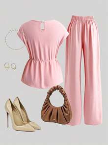 GlowEve CURVE Plus Size Women's Woven Regular Early Summer Elegant Comfortable Commute Gym Round Neck Sleeveless Tie-Up Top And Pants Set, Brown - Pink - View 2