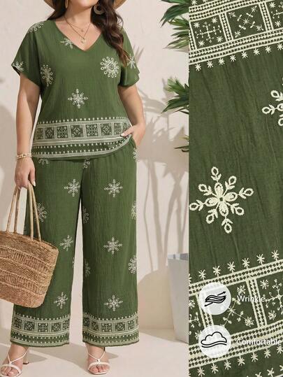 Comfylo 2pcs/Set Plus Size Short Sleeve V-Neck T-Shirt And Pants Elegant Women Minimalist And Fashionable For Summer Women Boho/Bohemian Summer Outfits For Women Vacation Outfits Woman Two Pieces Set Women Summer Outfits For Women Two Pieces Set Women Summer New Design 2pcs/Set Plus Size Leisure & Resort Style Fashion Outfit Glamorous Suitable For Summer Modest