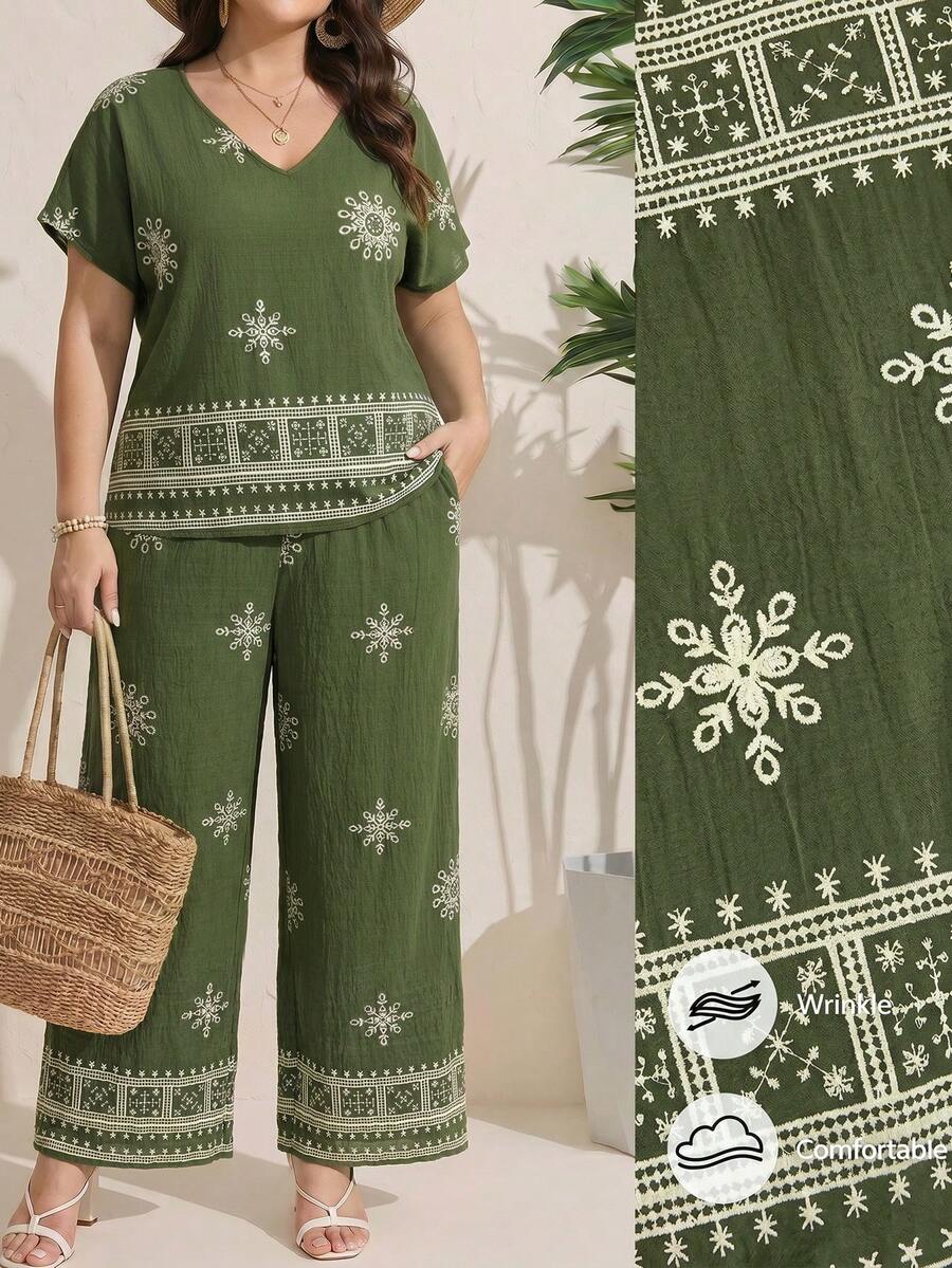 SHEIN LUNE 2pcs/Set Plus Size Women's Army Green Summer Boho Vacation Holiday Outfits,Short Sleeve V-Neck T-Shirt And Pants Elegant Fashionable Leisure Style - Multicolor - View 1