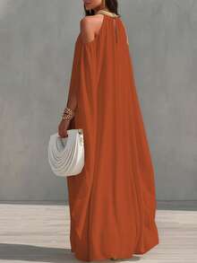 SHEIN LUNE Vestido largo con cuello en V, manga larga, abertura lateral, decorado con bordado de lentejuelas doradas y hombros abiertos drapeados para mujeres - Naranja - Ver 2