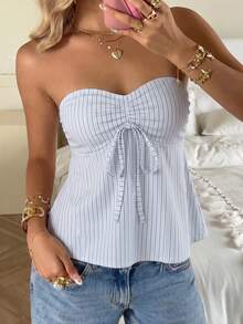 CovetEZ Casual Asymmetrical Light Blue Striped Allover Print Camisole Top, Suitable For Summer Vacation,Summer Top - Multicolor - View 1