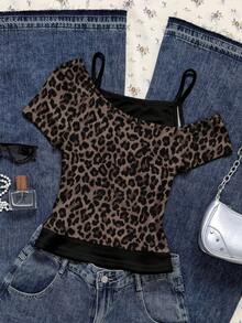 Attitoon Áo thun nữ tay ngắn màu đen phối họa tiết da báo, phong cách grunge vintage chic, kiểu Y2K, thích hợp cho mùa xuân và mùa hè. - Nhiều màu - Xem 2