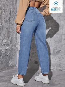 SHEIN EZwear 女士休闲日常通勤极简高腰水洗修身牛仔裤 - 淺色水洗藍 - 查看 2