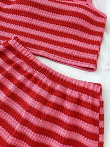 SHEIN Tween Girls Cute Red Polka Dot Summer 2 Pieces Set,Textu Jacquard Cropped Top And Elastic Waist Shorts,Casual Vacation Holiday Beach Wear For Kids - Red - View 5