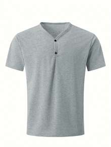Manfinity Dauomo Men's Simple Solid Color Short Sleeve Polo Shirt - Grey - View 3