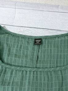 SHEIN VCAY Plus Size U-Neck Short Puff Sleeve Summer Textured Casual Shirt - Army Green - View 4