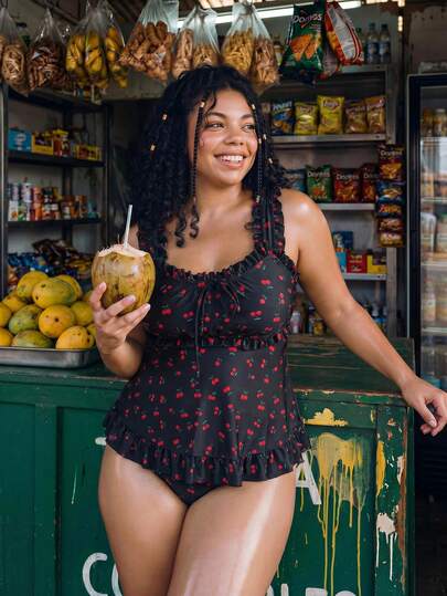 Swim Lushoire Conjunto de biquíni feminino plus size com estampa de cereja, top com babados nas alças e cordão na barra e calcinha triangular, coleção primavera/verão 2026. Ideal para praia e piscina.