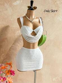 Soleia Women's Summer Vacation Beach Faux Pearl Beaded Bodycon Mini Skirt - White - View 5