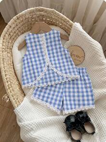 SHEIN Babygirl Summer Cute Vacation Embroidered Hollow-Out Lace Patchwork Sleeveless Top And Elastic Waist Shorts Set - Blue and White - View 4