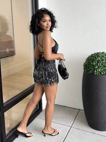 Alexandranx 新款秋冬女款時尚性感細肩帶交叉露背流蘇裝飾休閒連身褲，適合派對、跨年、假日，黑色夏季款 - 黑色 - 查看 5