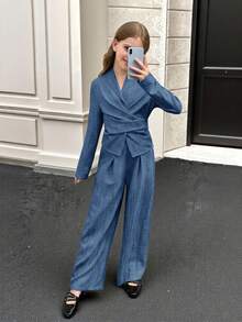 SHEIN 儿童/少女优雅法式纯色翻领褶裥不对称系腰长袖衬衫和阔腿裤两件套，蓝色，适合周末、休闲外出、返校季穿着。 - 藍色 - 查看 9