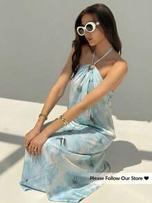 Aloruh Đầm dài xếp ly hở lưng màu sâm panh mới, kiểu dáng tối giản, trang trí bằng quả cầu kim loại, dáng rộng tôn dáng. - Màu be - Xem 3