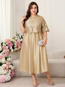 Reflora Plus Size Elegant Lace Patchwork Party Dress - Champagne - View 4