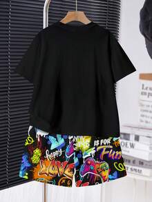 Conjunto de camiseta casual minimalista para niño joven, estampado de patrón de graffiti de controlador de juego clásico y fresco, estampado de patrón de personaje de rapero de estilo callejero de dibujos animados fresco 6, 7, estampado de patrón de texto fresco seis, siete, estampado de patrón colorido, adecuado para primavera y verano, adecuado para estilo callejero - Multicolor - Ver 4