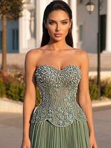 Glamrae Đầm chiffon cao cấp, sang trọng, thanh lịch, đính sequin, thiết kế cúp ngực, eo thấp, chân váy rộng, khăn choàng rời với tay áo dài loe rộng, thêu hạt cườm thủ công, dây buộc điều chỉnh, phù hợp cho mọi dịp trang trọng, đầm dạ hội trang trọng. - màu xanh lá - Xem 4
