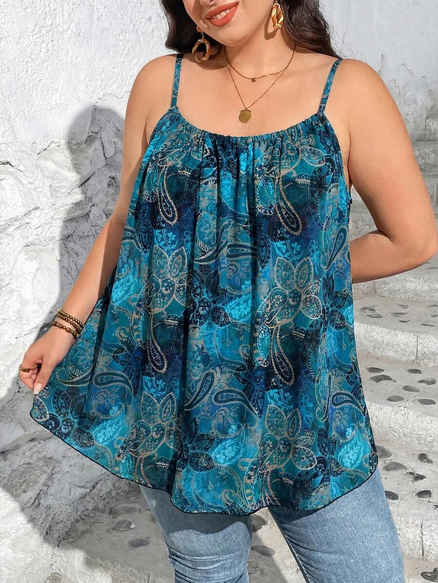 SHEIN CURVE+ Blusa de tirantes finos con pliegues y estampado de paisley para mujer talla grande, ideal para vacaciones y estilo bohemio - Verde Oscuro - Ver 1